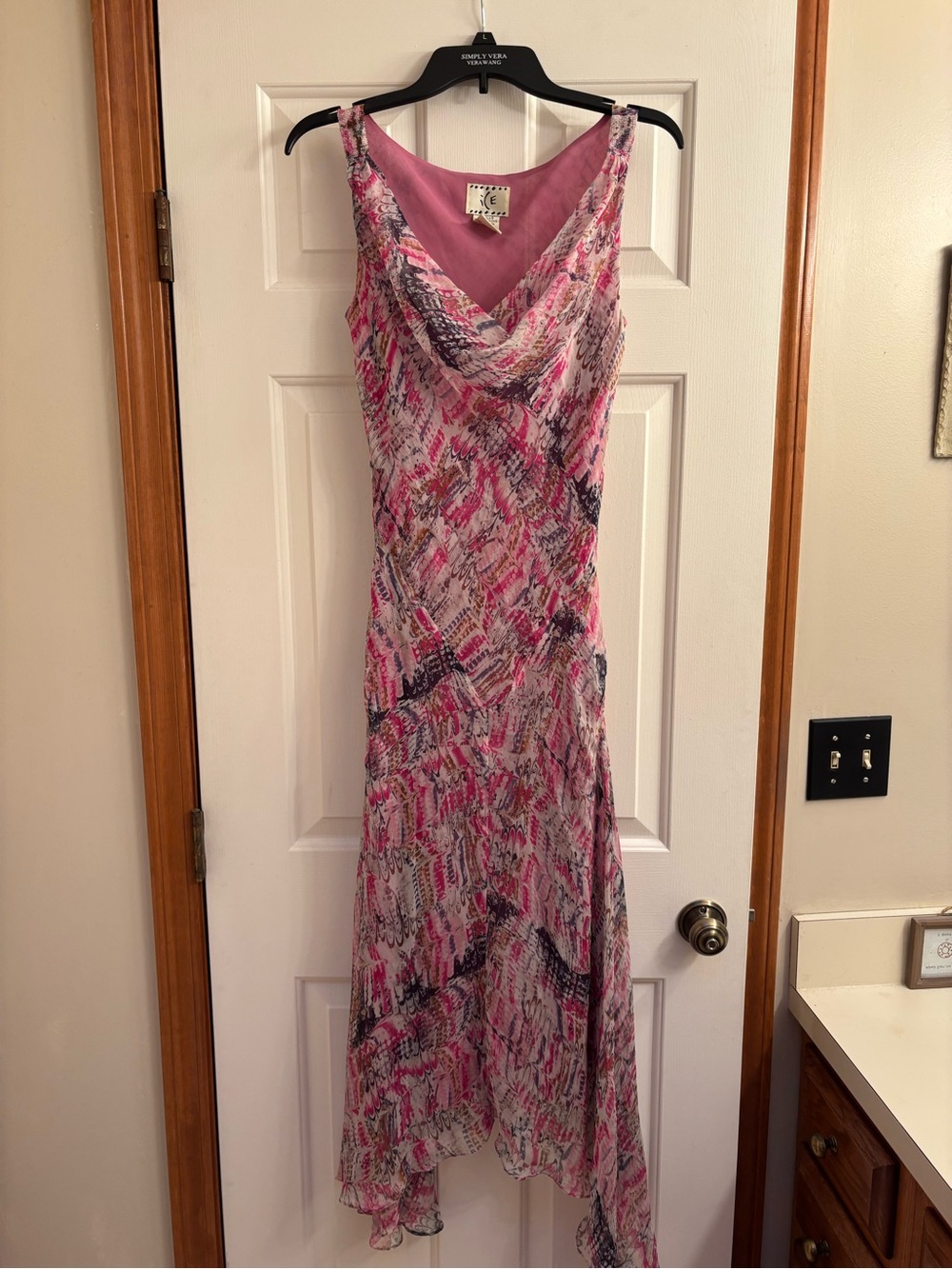 Ice Pink & Black Printed Asymmetrical Cowl Neck Maxi Dress